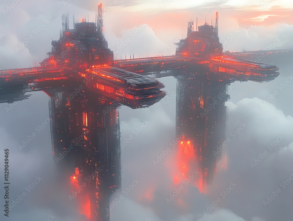 Poster futuristic towers rising above clouds with glowing elements, suggesting advanced technology.