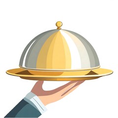Fototapeta premium Hand holding Silver serving cloche raised above empty golden plate, cut out