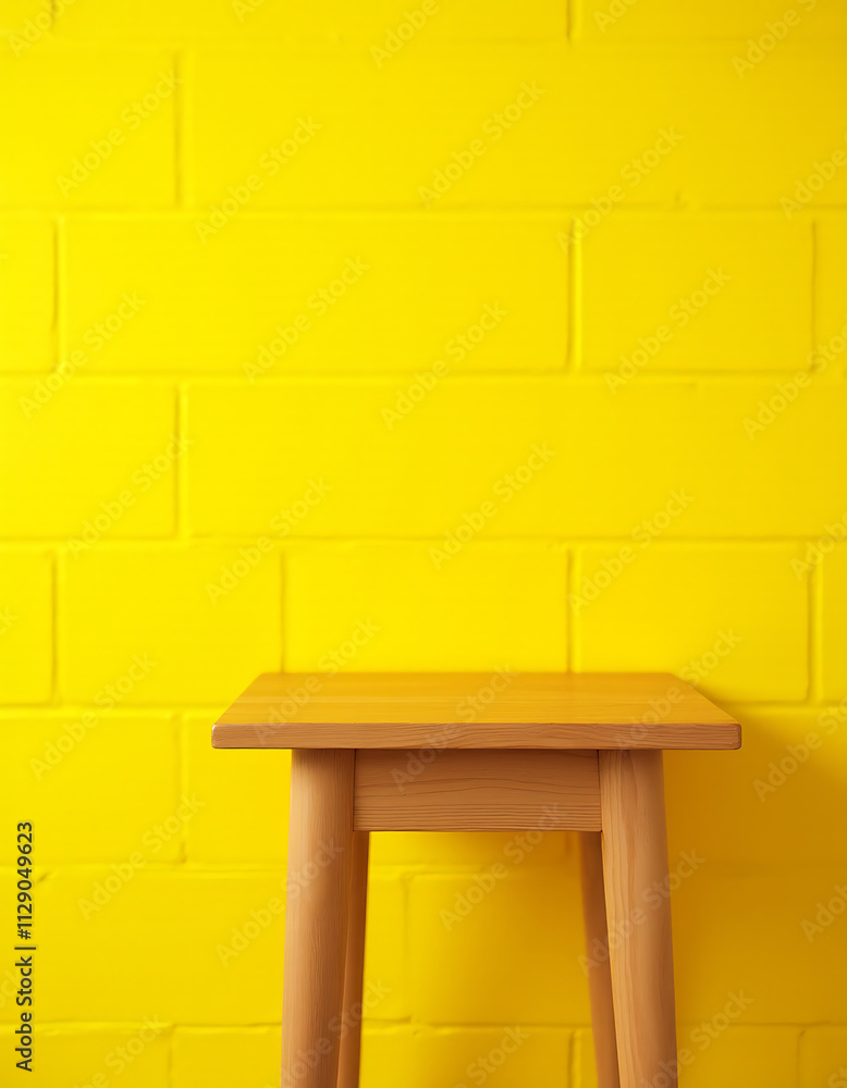 Poster A partially empty wood table sits atop a bright yellow brick wall in a simple yet visually appealing composition setting._00002_