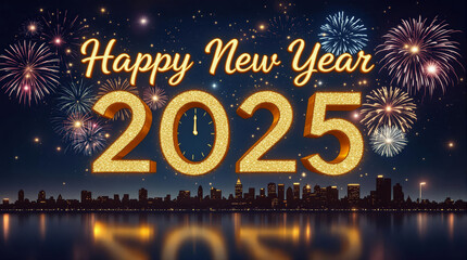 Glittering New Year's Eve 2025 Celebration with Fireworks and City Skyline