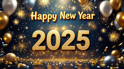Festive New Year 2025 Greeting with Golden Glittery Numbers, Fireworks, and Balloons