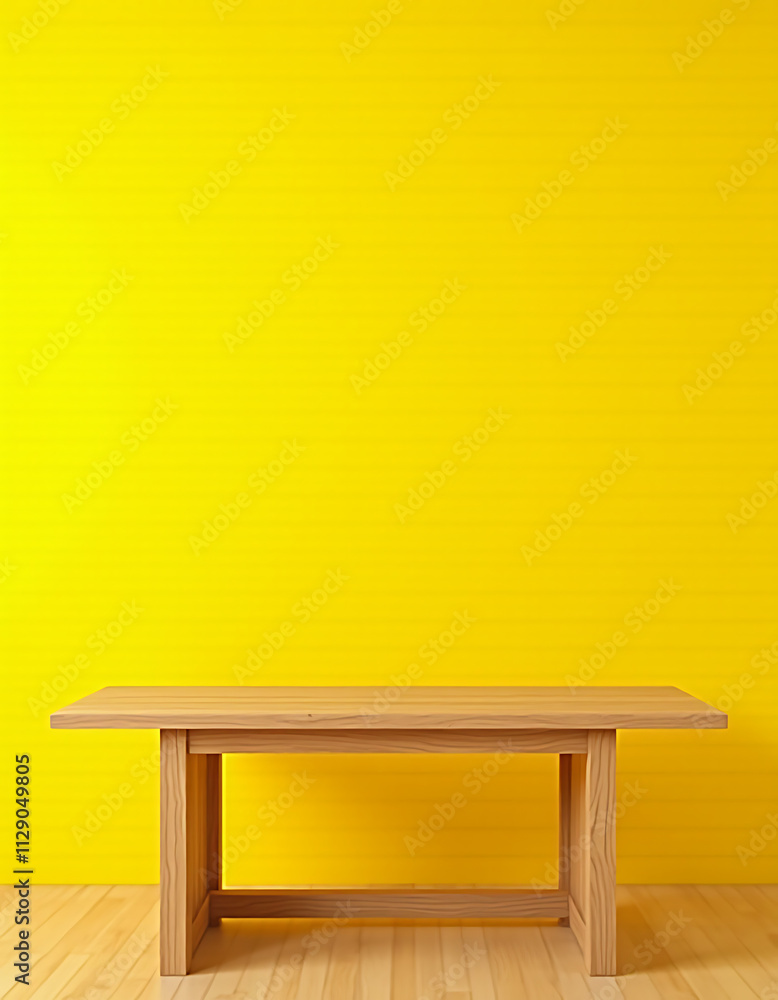 Aufkleber a partially empty wood table sits atop a bright yellow brick wall in a simple yet visually appealing