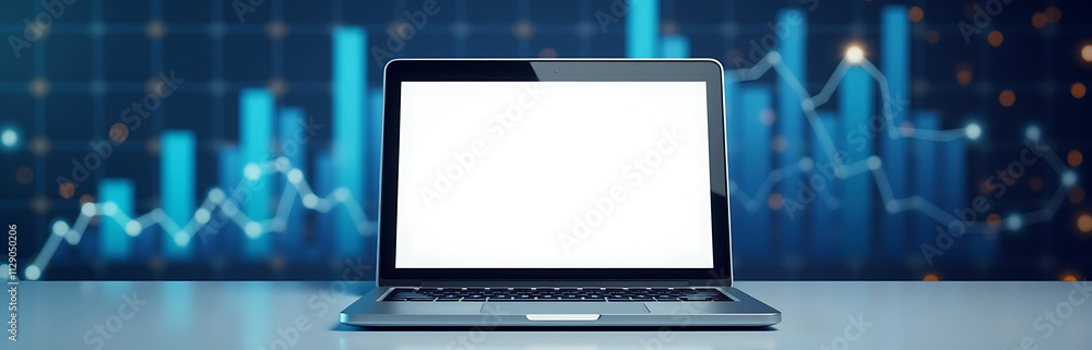 Poster A modern laptop with a blank screen is placed in front of a graph background image for visual effect._00001_