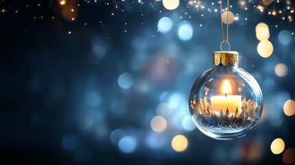 Fototapeta premium Beautiful Glass Ornament with a Candle, Hanging Among Bokeh Lights 