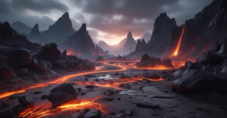 Ancient volcanic landscape with a backdrop of glowing lava and dark stone formations, nature, fire, rugged