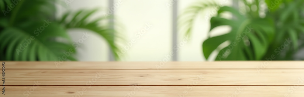 Poster a minimalist wooden table with a natural tropical leaf backdrop is ideal for a product display or ke