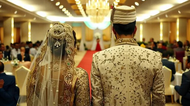 Indian bride groom couple wedding walking to stage