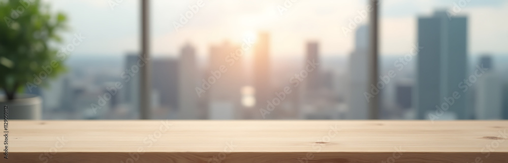 Poster a minimalist wooden table with a blurred cityscape in the background is ideal for a montage product 