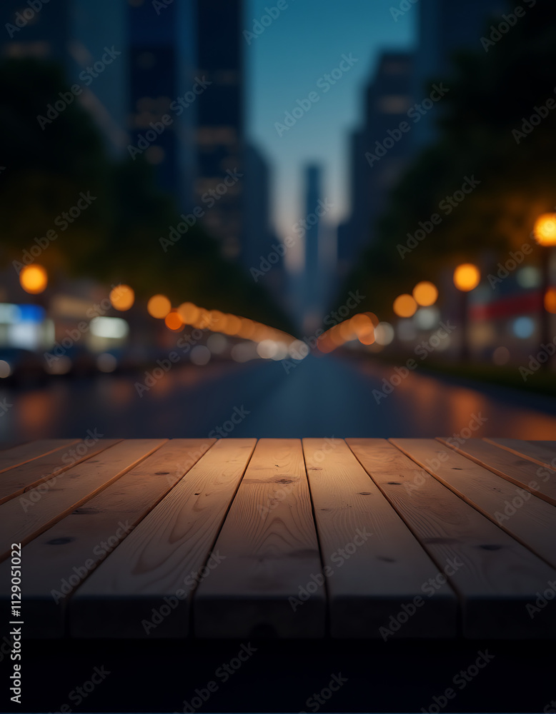 Poster a minimalist wooden table sits empty amidst a blurred cityscape at night, perfect for displaying pro