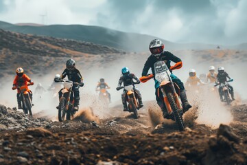 Naklejka premium Dynamic Wide Angle Shot of a Group of Motocross Riders Racing Through Dusty Terrain in a Scenic Outdoor Setting