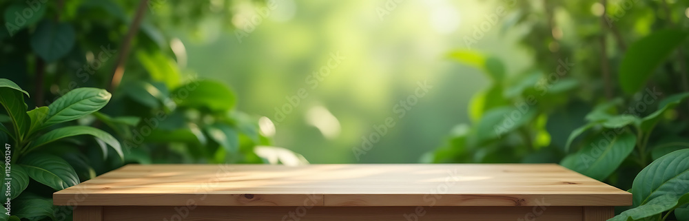 Poster a minimalist wood table sits amidst an abstract green garden backdrop, perfect for a product display