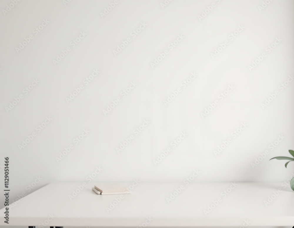 Poster A minimalist home office setting featuring a desk with a simple white background, a small flower, and a nearby notepad._00002_