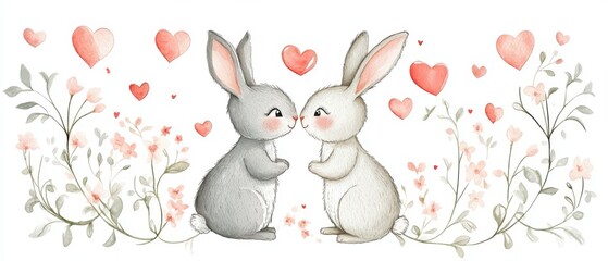 Cute bunny couple surrounded by heart-shaped vine in Valentine's Day illustration