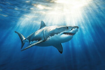 Obraz premium Great white shark swims in circles around