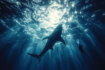 Obraz premium Great white shark swims in circles around