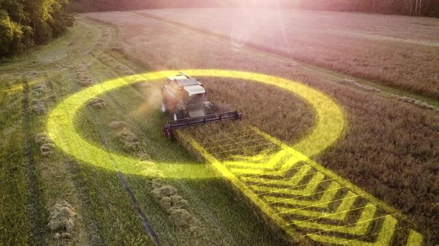 Futuristic autonomous agricultural harvester working in the field. Concept of future harvesting vehicle with HUD elements. Driverless farm machinery controlled by artificial intelligence. Aerial view.