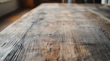 Weathered Barn Wood Tabletop in Soft Morning Light: Nostalgic Rustic Setting with Vintage Textiles and Earthy Tones, Showcasing Exceptional Texture and Depth.