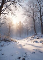 Fototapeta premium A quiet and peaceful winter morning scene with snowflakes gently falling, serene beauty, snowy morning, soft lighting