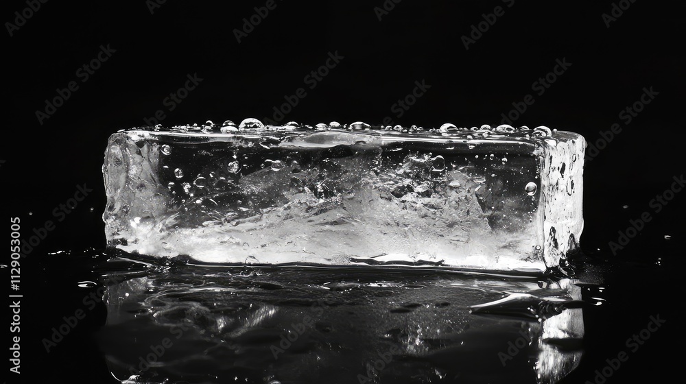 Poster a transparent ice block with water droplets forming on its surface, blending smooth clarity with sub
