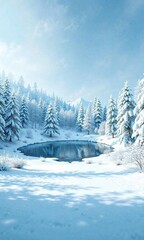 Fototapeta premium Winter landscape with snow-covered trees and a frozen pond, frosty scenery, snowy landscape, winter wonderland