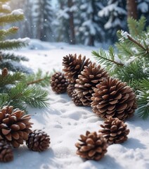 Fototapeta premium winter wonderland scene with pinecones and ornaments on a snowy background, pinecones, snow-covered ground, forest scenery