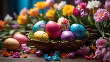 Fototapeta premium Colorful Easter Eggs Surrounded by Vibrant Flowers in a Cozy Setting