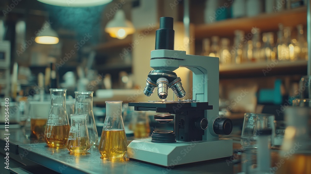 Poster a laboratory setting featuring a microscope and various glassware filled with liquids.