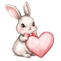 Charming watercolor illustration of a baby rabbit adorned with heart motifs, perfect for a Valentine theme celebrating love and cuteness in animal cartoon art.
