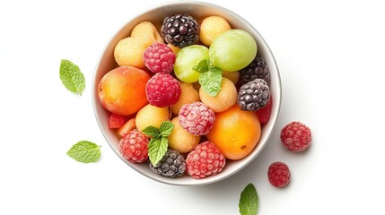 Healthy Breakfast: Cereal and Fruits for Weight Loss and Wellness Colorful Fresh Fruit Bowl with Mint Leaves on White Background