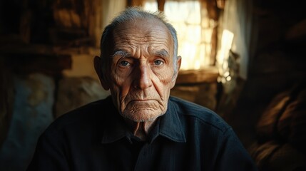 A close-up portrait of an elderly man, showcasing deep wrinkles and a thoughtful expression, with soft natural lighting in a rustic setting.