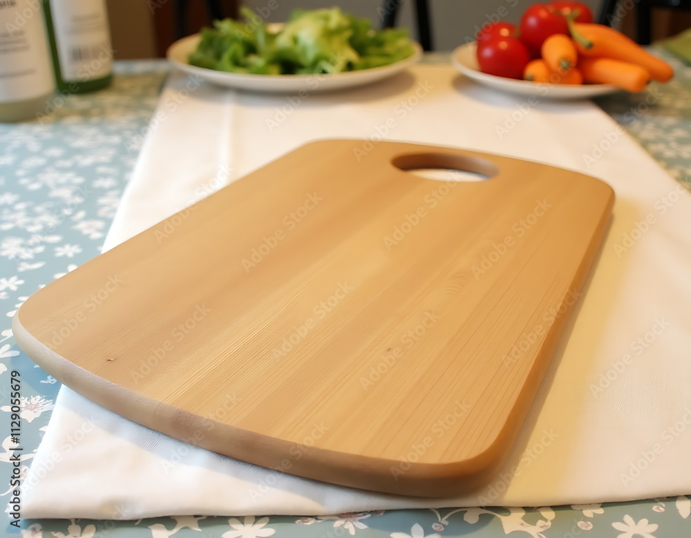 Poster A chopping board is placed on a tablecloth, set against a clipping path for use as a design element._00001_