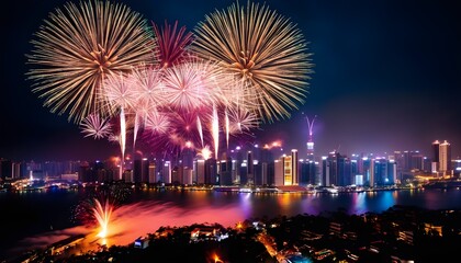 fireworks display, glowing city skyline, New Year&rsquo;s Eve, colorful lights, vibrant city, dazzling fireworks, festive celebration, city skyline, nighttime celebration, festive atmosphere, vibrant lights