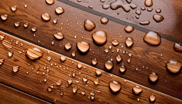 naturally oak laminate plank with water droplets coated with oleophobic composition closeup protective wood compound background