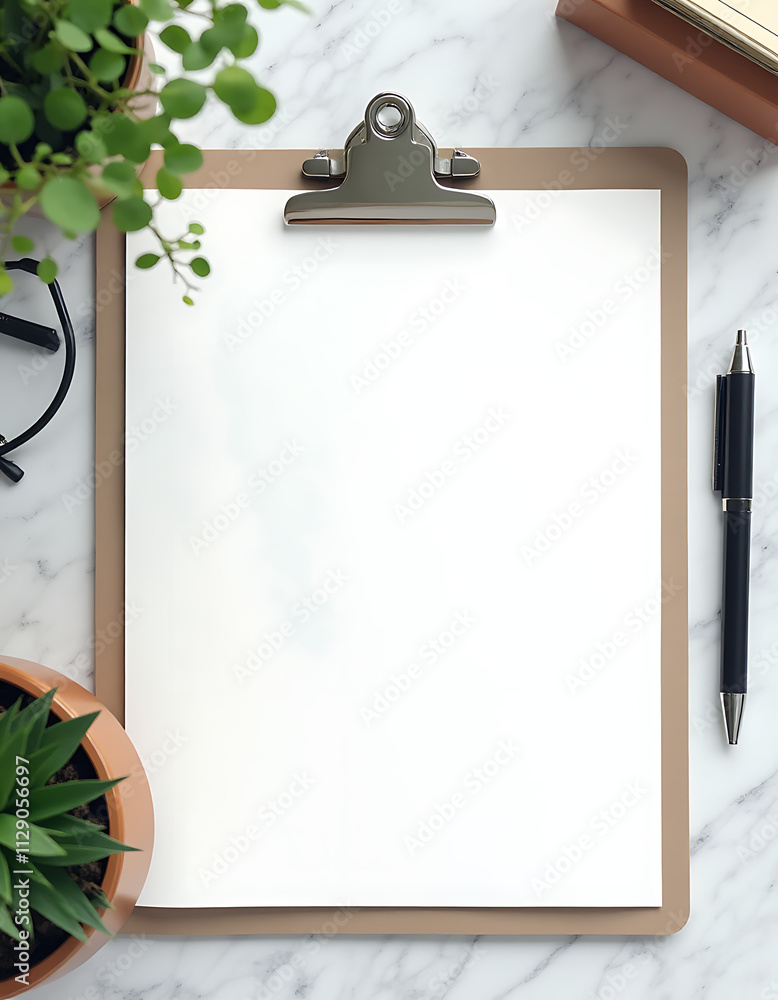 Poster A business plan is created with a flat lay design featuring a desk as the main focal point on a modern top view background._00001_