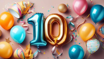 colorful balloons ribbons and confetti decorating a 10th birthday celebration on a solid background party