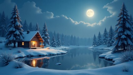 Fototapeta premium Winter Wonderland: Cabin by the Lake Under a Full Moon