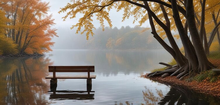 A serene wooden bench sits at the edge of Pewaukee Lake on a cloudy gray morning with trees reflected in the water, shadows, outdoor, gray