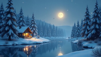 Winter Wonderland Cabin by the Lake Under the Full Moon