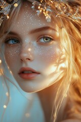 Close-up of a young woman with sparkling face and soft lighting, showcasing intricate details of her expression and natural beauty in a serene setting
