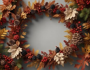 Overhead view of an autumnal wreath made from dried leaves, pine cones and berries in a corner, decorations, seasonal