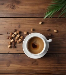 Overhead view of a cup of freshly brewed coffee with palm sugar cubes on a wooden surface,  breakfast,  aromatic