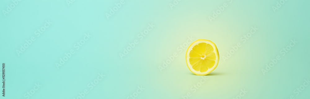 Poster a bright yellow lemon slice is prominently displayed against a calm blue background in a clean and s