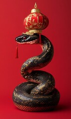 Fototapeta premium elegant snake coiled gracefully, wearing a red and gold crown with a Chinese lantern accessory, vibrant red background, Chinese New Year theme, festive and majestic, copy space
