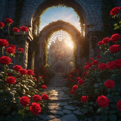 "An elven palace surrounded by walls of glowing red roses and ethereal light."