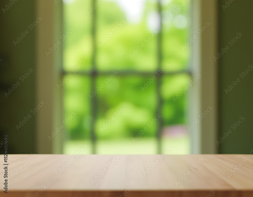 Poster A blurred, green garden scene is visible in the background through a window viewed from an empty wooden table._00001_