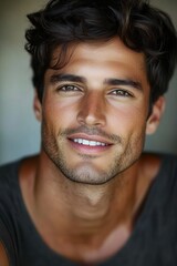 Obraz premium Handsome young man with curly hair smiles confidently in a casual sleeveless top, showcasing a relaxed and approachable demeanor indoors