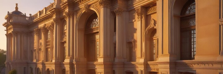 Obraz premium Palace facade illuminated by warm golden light as sunset casts its gentle glow on the surroundings, daytime, serene, peaceful