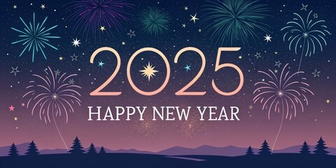 Festive New Year 2025 Greeting Card with Fireworks, Starburst, and Evergreen Trees