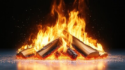 Fototapeta premium Flames dance around logs in a vibrant display of warmth and energy during a cozy evening gathering in a dimly lit space