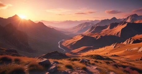 Panoramic mountain landscape at sunset with a valley below, orange, sunset